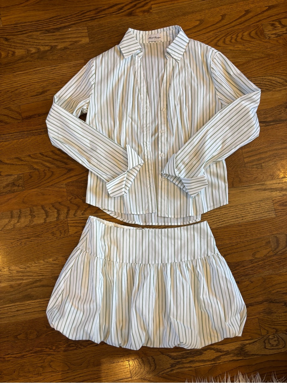 Hazel Boutique Striped Button-Up Shirt with Skirt - White with Green Stripes